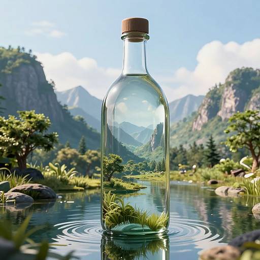 Photorealistic digital artwork of a clear glass bottle with a cork stopper, submerged in a serene mountain stream, surrounded by lush greenery and reflected