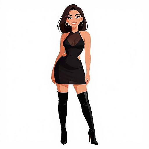 Digital illustration of a confident woman with medium skin tone, black bob haircut, wearing a black halter dress, sheer sleeves, and thigh-high boots,