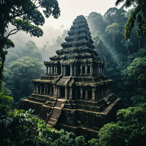 Ancient Temple in Misty Jungle Landscape