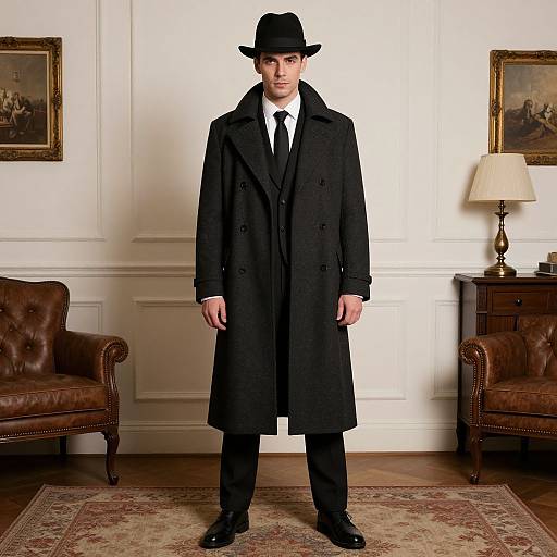 Photograph of a young man in a black overcoat, black hat, white shirt, and black tie, standing in an elegant, vintage-style living