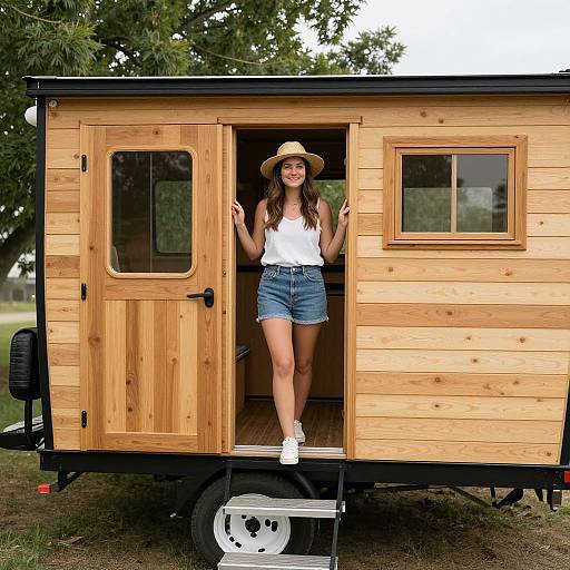 Photograph of a smiling young woman with long brown hair, wearing a white tank top, denim shorts, white sneakers, and a straw hat, standing