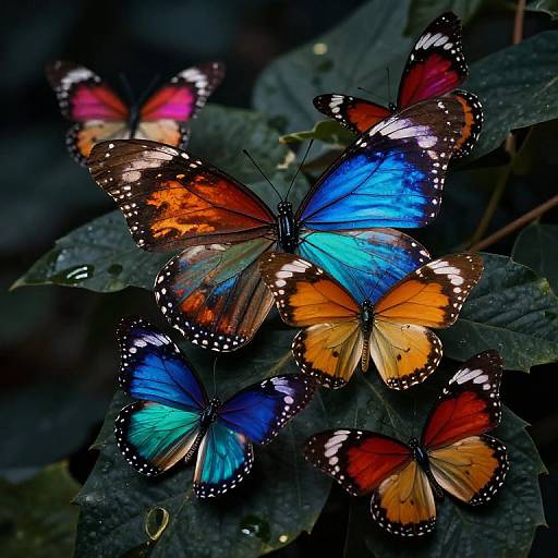 Photograph of vibrant butterflies with striking blue, red, orange, and purple wings, surrounded by dark green leaves, showcasing vivid color contrasts.