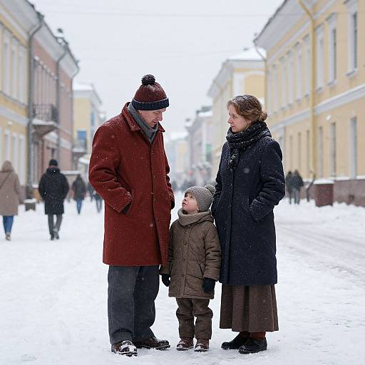 Photograph of a winter street scene: a man, woman, and child in red, black, and brown winter coats, standing on snow-covered road