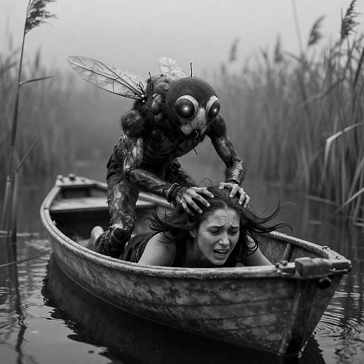 Insect Masked Figure Drowning in Boat