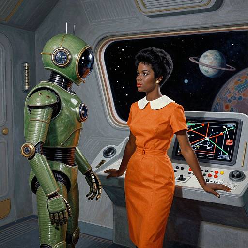 Vintage sci-fi illustration: Elegant Black woman in orange dress interacts with green, retro-futuristic robot in spaceship control room with starry window.