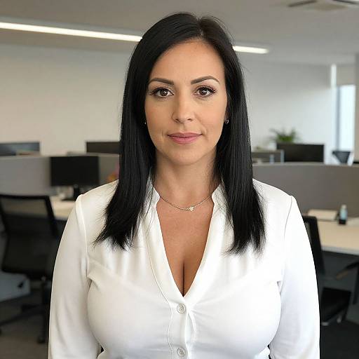 Photograph of a middle-aged woman with long black hair, wearing a white button-up shirt, standing in a modern office with gray desks and computer monitors