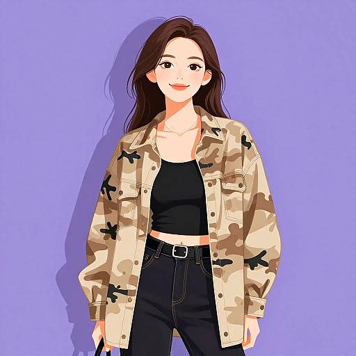 Digital anime-style illustration of a fair-skinned woman with long brown hair, wearing a camo jacket, black crop top, and high-waisted