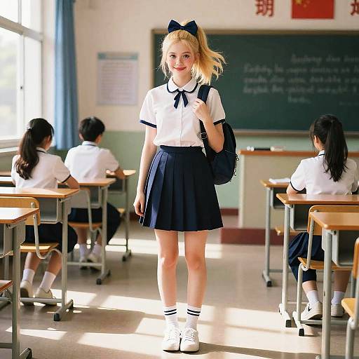 Photograph of a blonde, fair-skinned, young girl in a white blouse, navy skirt, and black bow, standing in a sunlit classroom