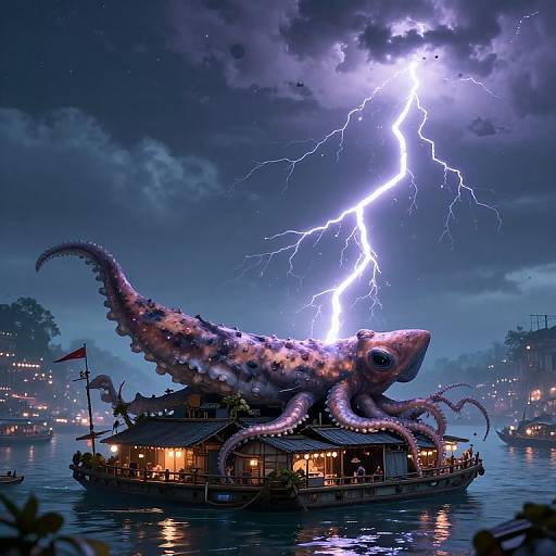 Photorealistic digital art: massive, glowing, purple-and-black octopus on floating temple, illuminated by vivid lightning strike, under stormy night sky