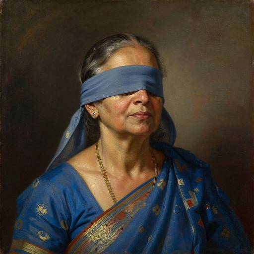 Photograph of an older Indian woman with dark hair, blindfolded with a blue cloth, wearing a blue sari with gold patterns, dark background