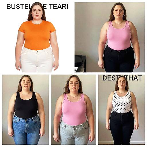 Photograph collage of a plus-size woman in different outfits: orange top, white pants; pink tank, black pants; black tank, blue jeans;