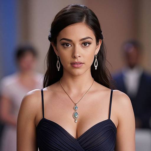 Photograph of a beautiful young woman with long black hair, wearing a black strapless dress, silver necklace, and earrings, standing confidently on a blurred