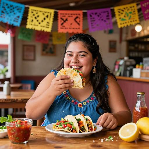 Photograph of a smiling Latina woman with long black hair, wearing a blue embroidered top, eating a taco in a colorful Mexican restaurant with papel picado
