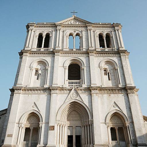 Photograph of a grand, white stone Gothic-style church facade with intricate arches, empty windows, and a cross on the roofline, under a