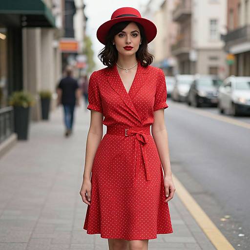 Photograph of a pale-skinned woman with dark wavy hair, wearing a red polka dot dress, red hat, and red lipstick, standing