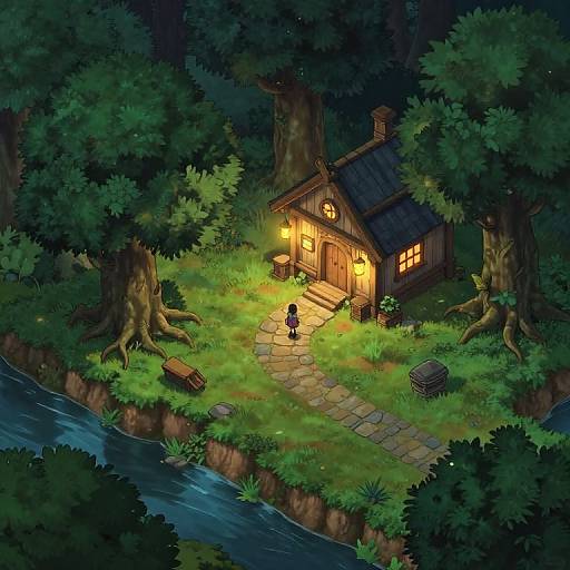 Digital illustration: Nighttime forest scene with a small, lit wooden cottage, glowing windows, and a figure walking on a stone path beside a river,
