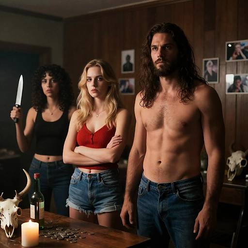 Intense Group in Dimly Lit Room with Knife and Skull