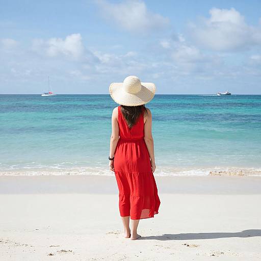 Photograph of a woman in a red dress and white sunhat walking on a sunny beach, facing the turquoise ocean under a blue sky.