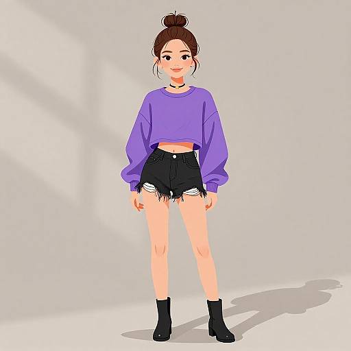 Digital drawing of a young woman with light skin and brown hair in a bun, wearing a purple crop sweatshirt, black high-waisted shorts,