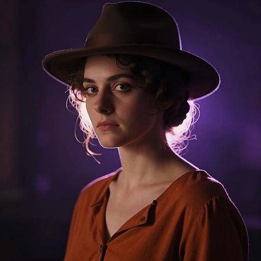 Photograph of a young woman with pale skin, dark curly hair, wearing a brown hat and orange shirt, illuminated by purple light, against a dark