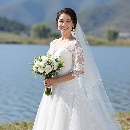 Photograph of a smiling Asian bride with dark hair in an elegant white lace wedding dress, holding a white rose bouquet, standing by a serene lake with