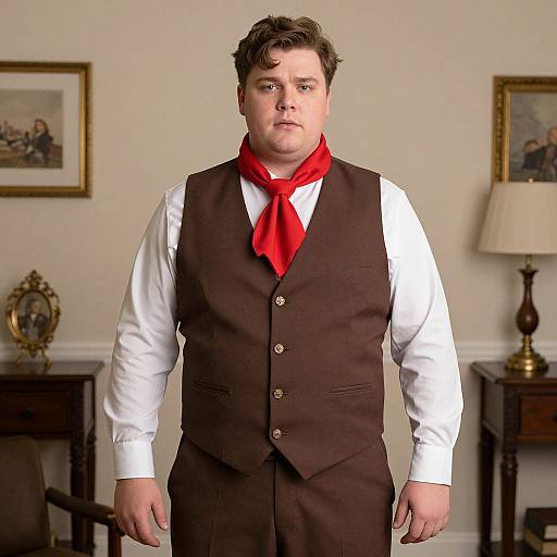 Photograph of a heavyset man with short brown hair, wearing a brown vest, white shirt, and red scarf, standing in a warmly lit living