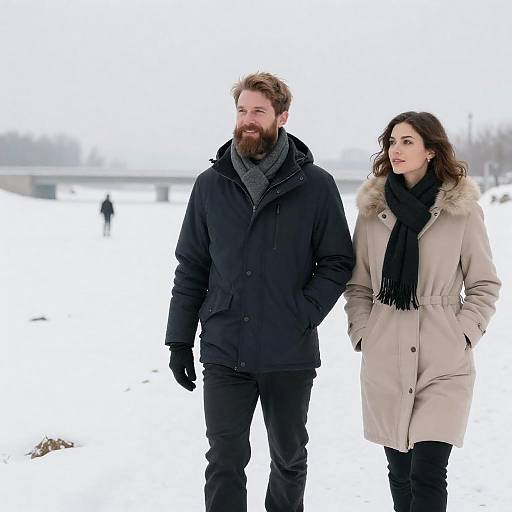 Winter Stroll: Cozy Couple in Snow