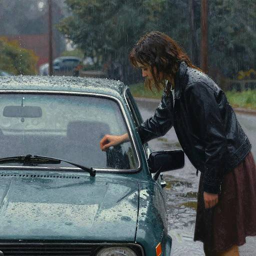 Rain-Soaked Woman Washing Vintage Car