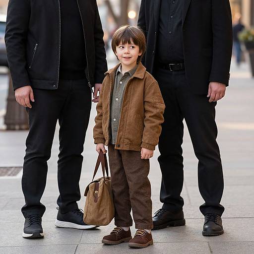 Photograph of a young boy in a brown leather jacket and brown pants, holding a brown bag, flanked by two tall, black-clad adults