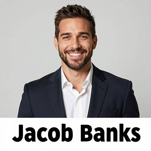 Photograph of smiling, bearded man with short brown hair, wearing black suit and white shirt, text 