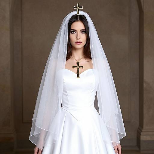 Photograph of a woman with pale skin and dark hair, wearing a white wedding dress, translucent veil, and cross necklace, standing in a dimly