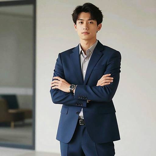 Photograph of a young Asian man in a dark navy suit with arms crossed, standing against a white wall, wearing a white shirt and black watch.