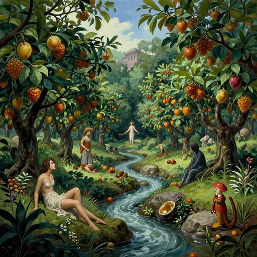 Fantastical digital painting of a lush orchard with a winding stream. Women in white dresses relax, surrounded by colorful fruits, a black figure,