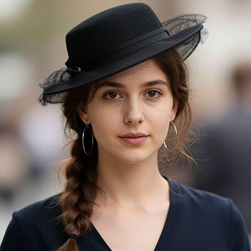 Photograph of a young woman with fair skin, brown eyes, and a braid, wearing a black hat, hoop earrings, and a black top
