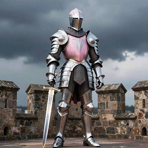 Regal Pink Knight on Castle Battlement