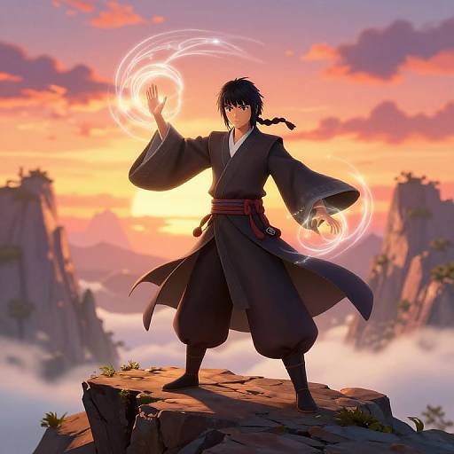 Digital anime-style artwork of a black-haired male mage in a flowing dark robe, standing on a rocky cliff at sunset, casting a glowing spell. Vibr