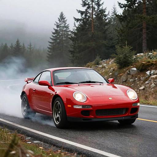 Red Car Drifting on Misty Mountain Road