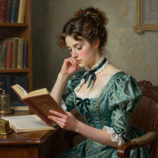 Photograph-style digital painting of a Victorian woman with curly brown hair, wearing a green satin dress with white lace, reading a book in a dimly