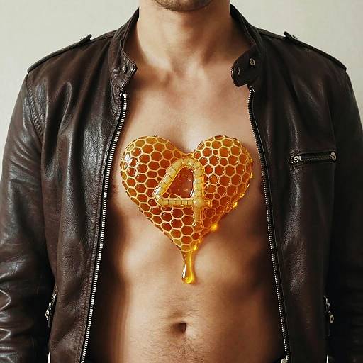 Photograph of a shirtless man with a honeycomb heart, featuring the letter 