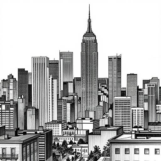 Black-and-white digital illustration of New York City's skyline, featuring tall skyscrapers, including the Empire State Building, with detailed textures and sharp lines
