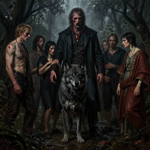 Dark, rainy forest scene: muscular shirtless man, bloodied, stands beside a wolf, central; six others, in dark robes, watch;