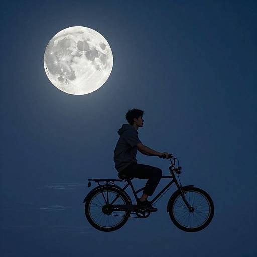 Silhouetted man on bicycle rides under a glowing full moon in a deep blue, foggy night sky. Digital artwork.