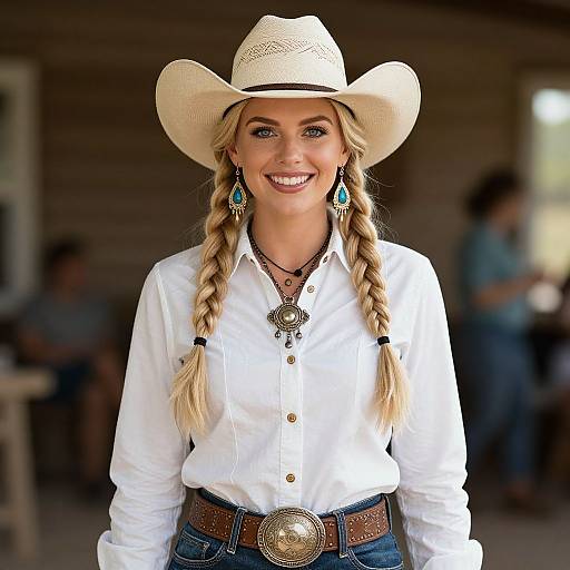 Photograph of a smiling blonde woman with braided hair, wearing a white cowboy hat, white shirt, blue jeans, and turquoise earrings. Background shows
