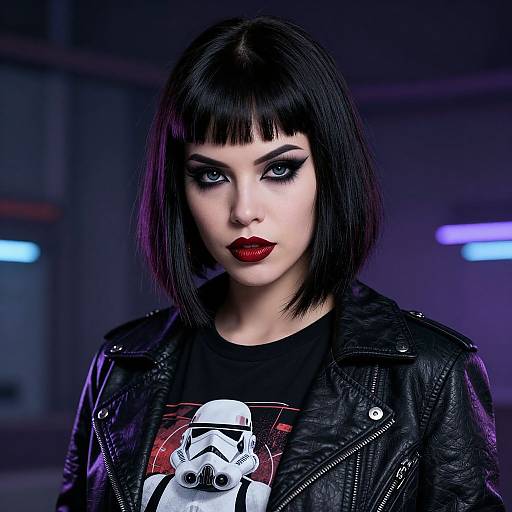 Photograph of a pale-skinned woman with black bob haircut, dramatic eye makeup, red lipstick, black leather jacket, and Star Wars Stormtrooper