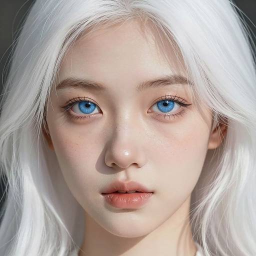 Digital portrait of a young woman with strikingly bright blue eyes, pale skin, and long white hair, set against a dark background.