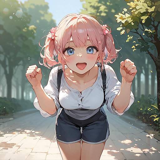 Adorable Blushing Girl Leaning Forward in Park
