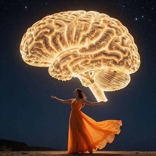 Photograph of a woman in an orange dress, silhouetted against a glowing, illuminated brain-shaped light sculpture in a starry night sky.