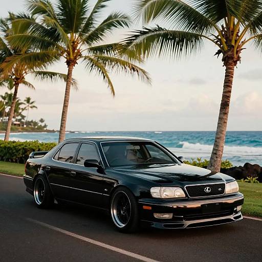 Photograph of a black, late-model sedan with chrome accents parked on a coastal road, flanked by palm trees, with the ocean and waves in