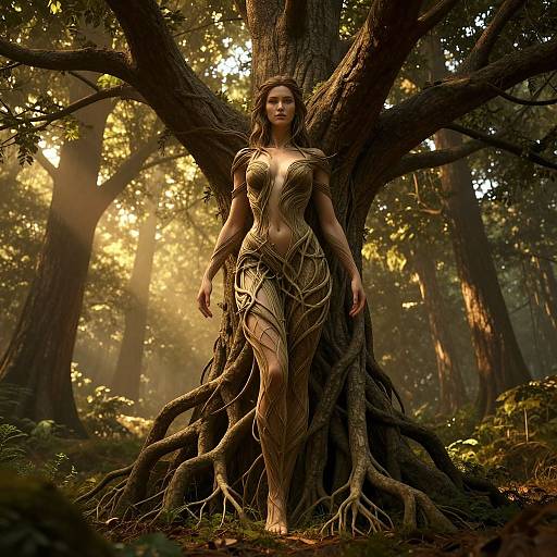 Photorealistic digital art: A woman with long brown hair stands against a massive tree in a sunlit forest, wrapped in vines forming a golden,