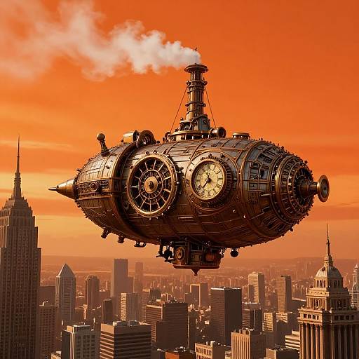 Steampunk airship with large clock faces and smokestacks flying over a cityscape at sunset, featuring orange sky and skyscrapers.